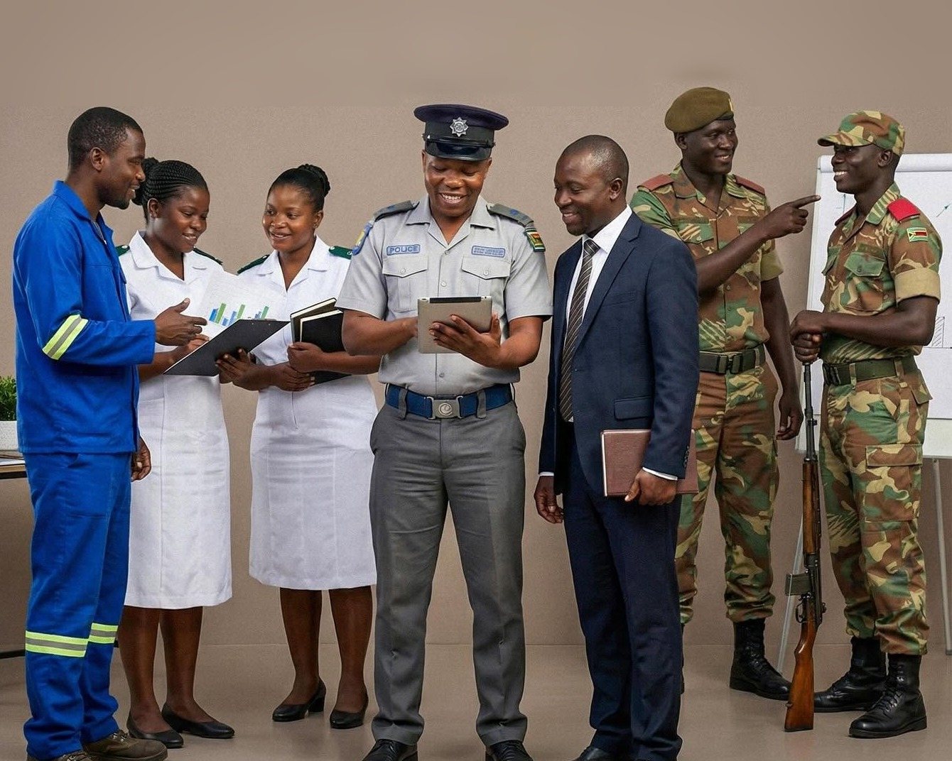 Zimbabwean civil servants — a nurse, police officer, soldiers and office staff — smiling together