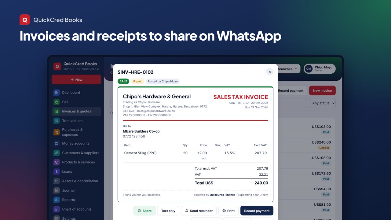 Invoices and receipts to share on WhatsApp