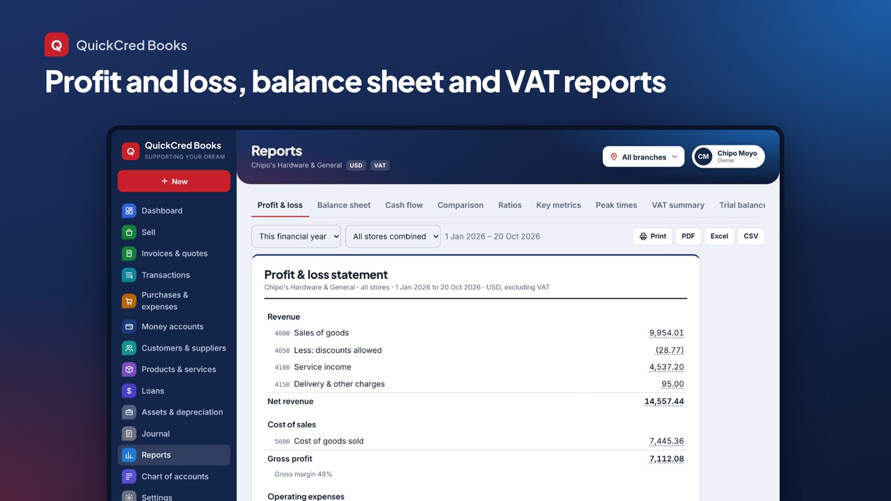 Profit and loss, balance sheet and VAT reports